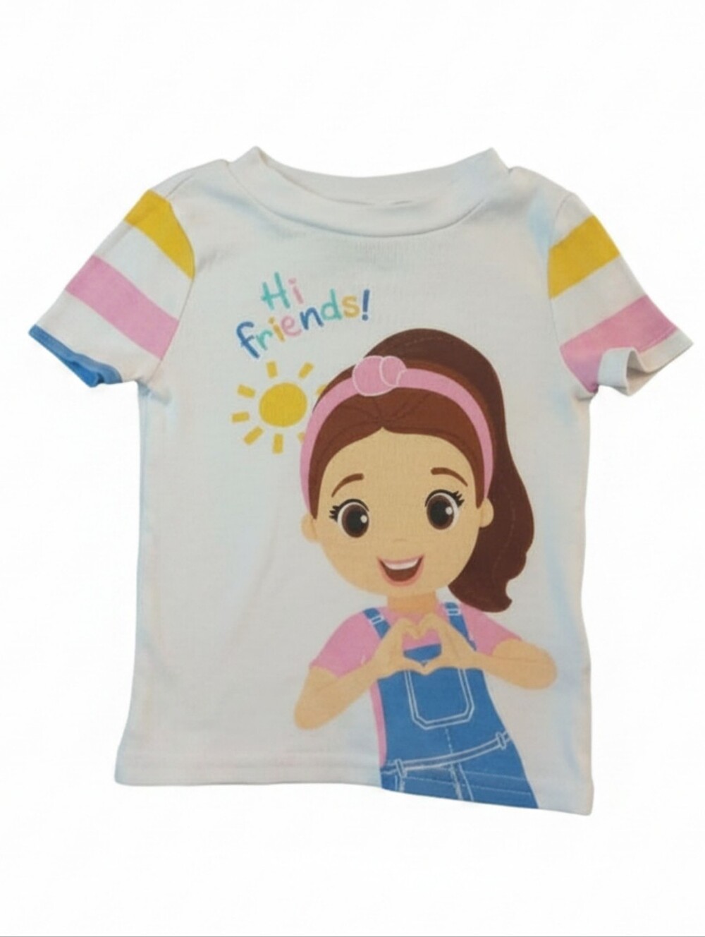 Girls White 'Hi Friends!' Graphic T-Shirt with Pastel Striped Sleeves Ms. Rachel